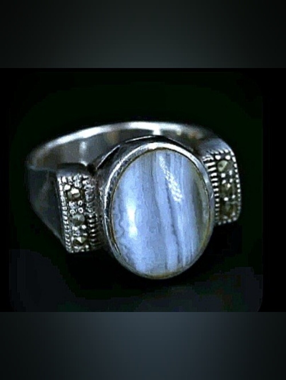 925 Sterling Silver NF CHAPAL ZENRAY Agate Marcasite Signet Size 7.5